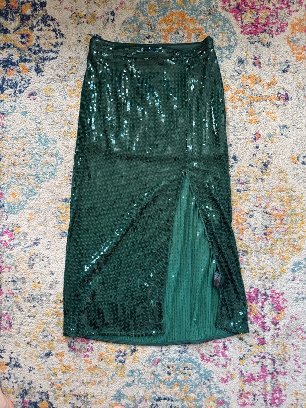 H&M Dark Green Sequin Midi Skirt with Front Slit
